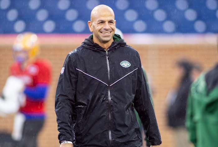 Feb 2, 2022; Mobile, AL, USA; New York Jets head coach Robert Saleh visits during National practice for the 2022 Senior Bowl in Mobile, AL, USA. Mandatory Credit: Vasha Hunt-USA TODAY Sports